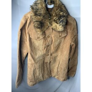 Women's XL STATIC Leather Tan Coat Fur Collar‎ Engraved Unique Button Down